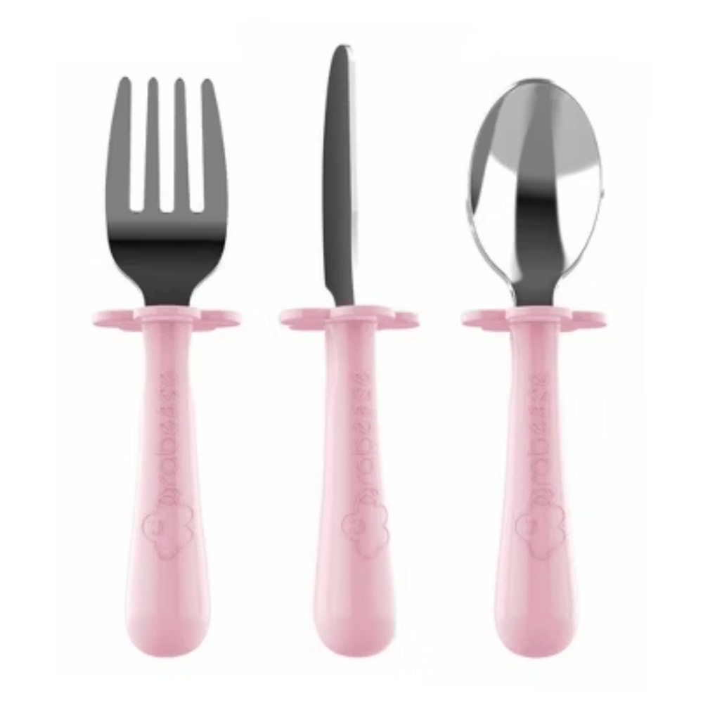 GRABEASE 3 Piece UTENSILS Fork, Spoon & Curve-Tip Safety Knife for 18 Months